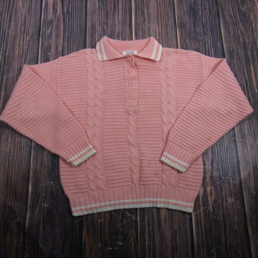 TJW Sweater Womens Medium Pink Vintage Cable Knit Collared Button Pullover